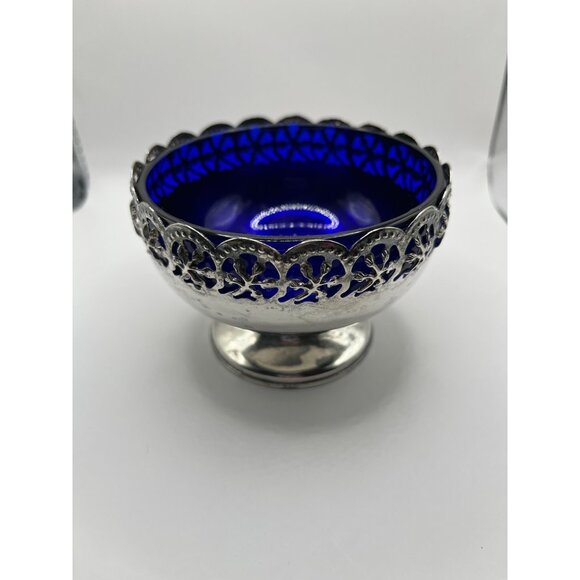 Celtic Quality Plate Cobalt Blue Bowl Silver Plate Pedestal Candy Trinket Dish - Picture 1 of 7